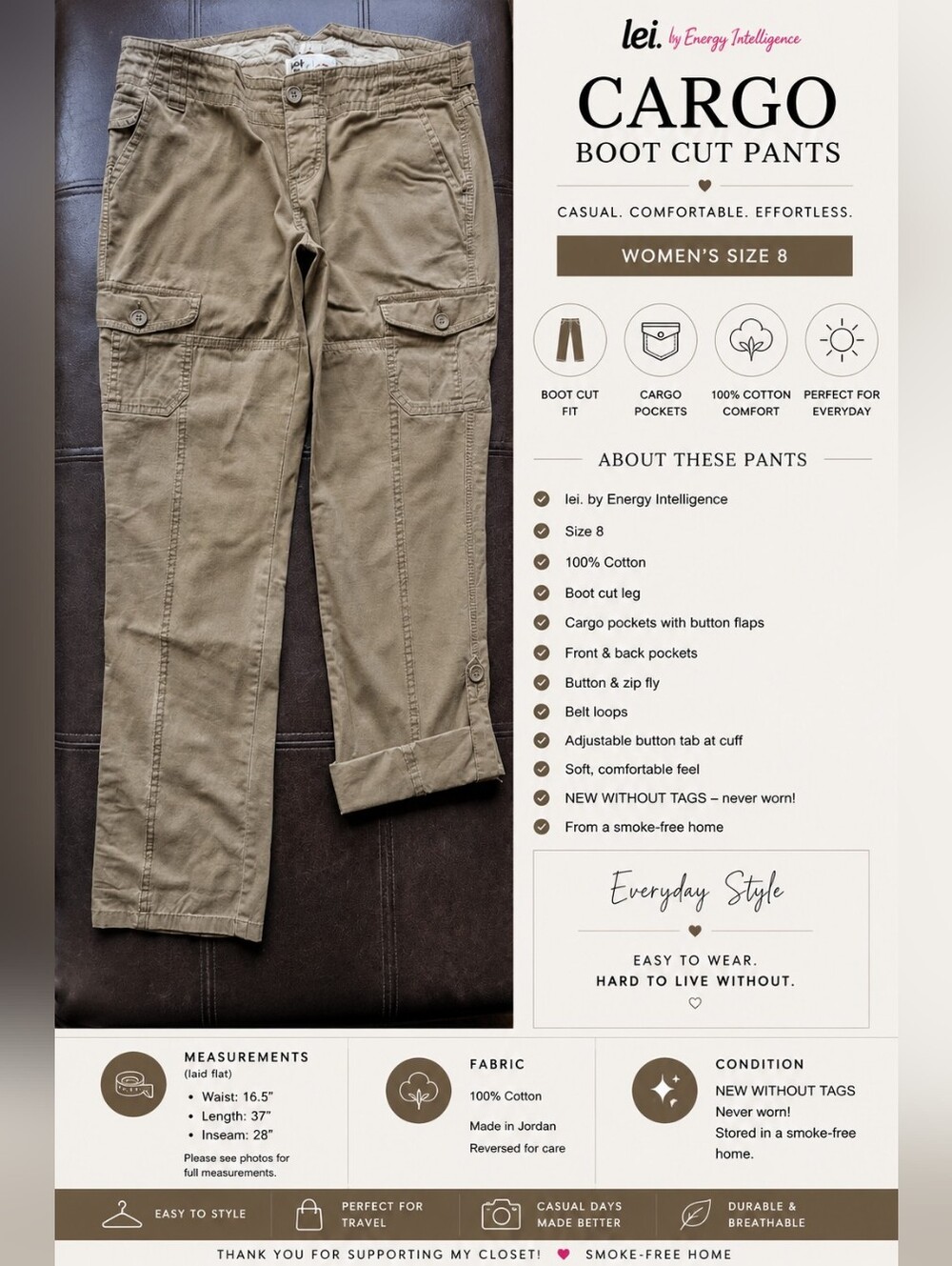 NWOT Lei Khaki Cargo Pants Size 9 Roll Tab Utility Casual Pants Y2K